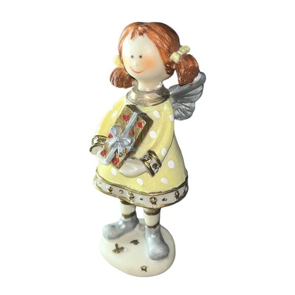 Hand-painted Ceramic Figurine Angel Little Girl w/ Pigtails & Wings Holding Gift - Picture 4 of 12